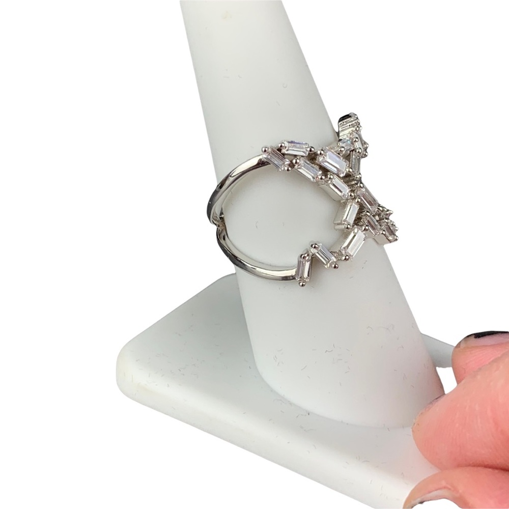 Silver Emerald Diamond Baguette Cubic Zirconia X Shape Ring Size 7 Size 8 - Picture 10 of 17